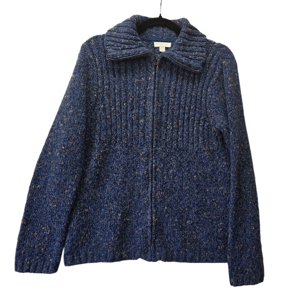 Charter Club Petiteâ Blue Marl Ribbed Full Zip Cardigan Sweater Wool Blend P/M